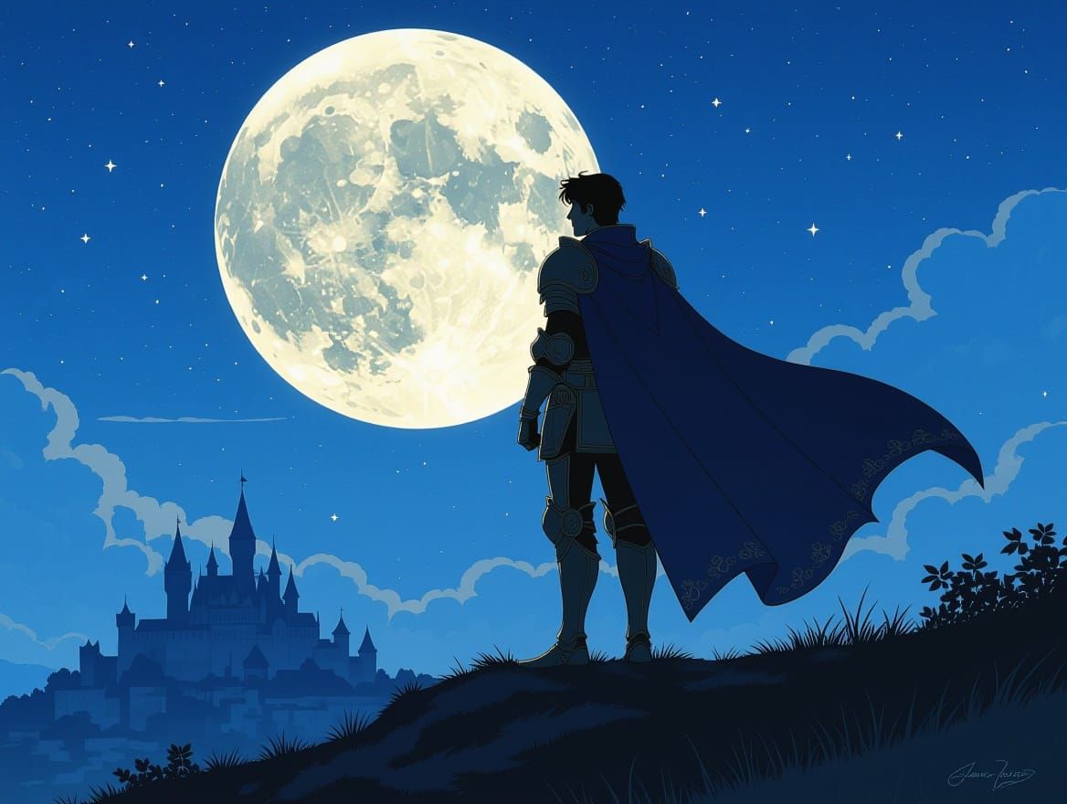 Anime Prince Silhouetted Against Moonlit Kingdom