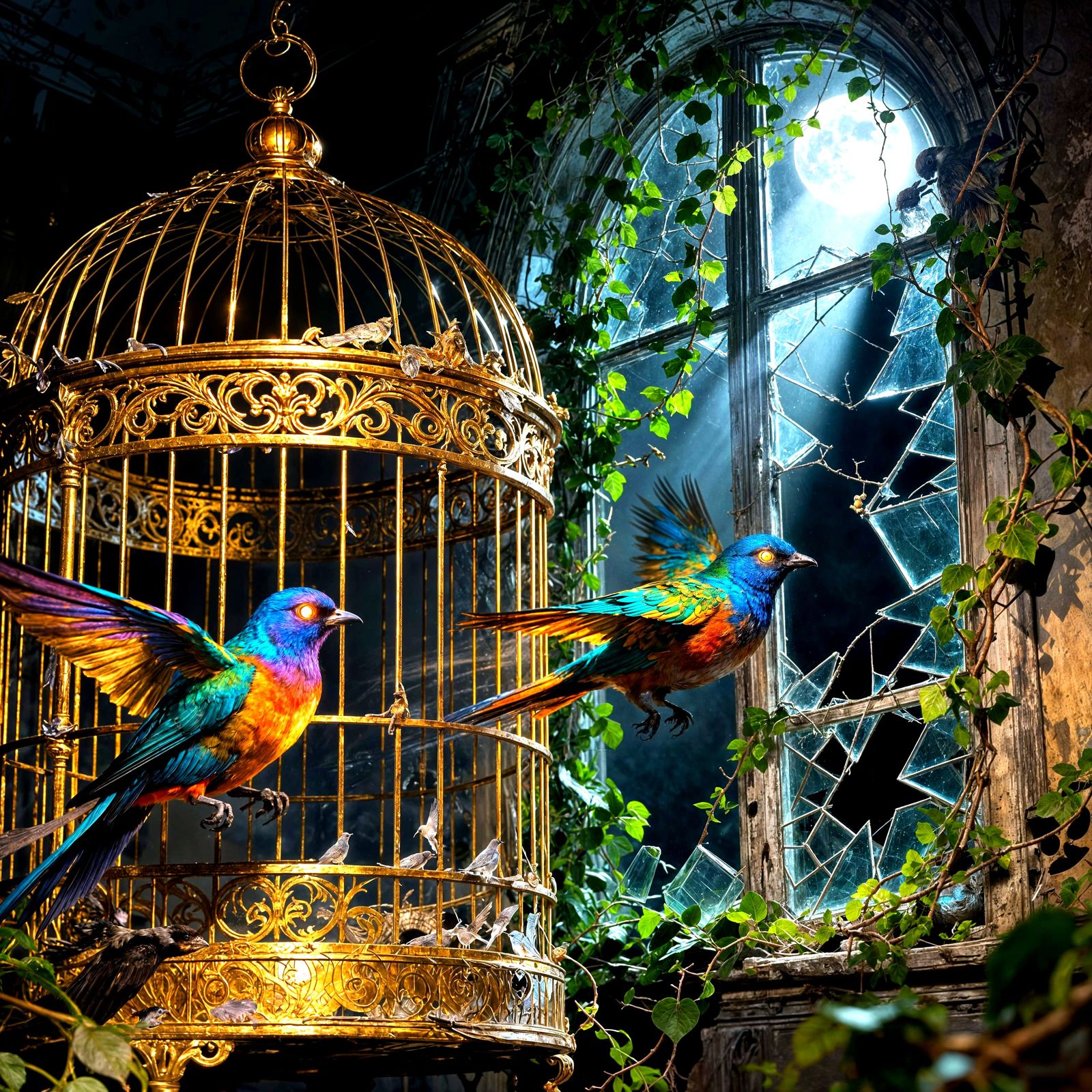 Magical Birds Escape Golden Cage in Pop Art Style