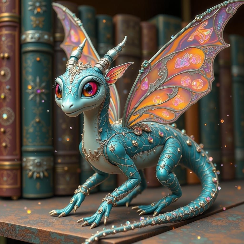 Whimsical Dragon in a Bookshelf World