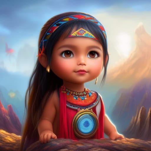 Adorable Indigenous Toddler with Chibi Eyes, Digital Art