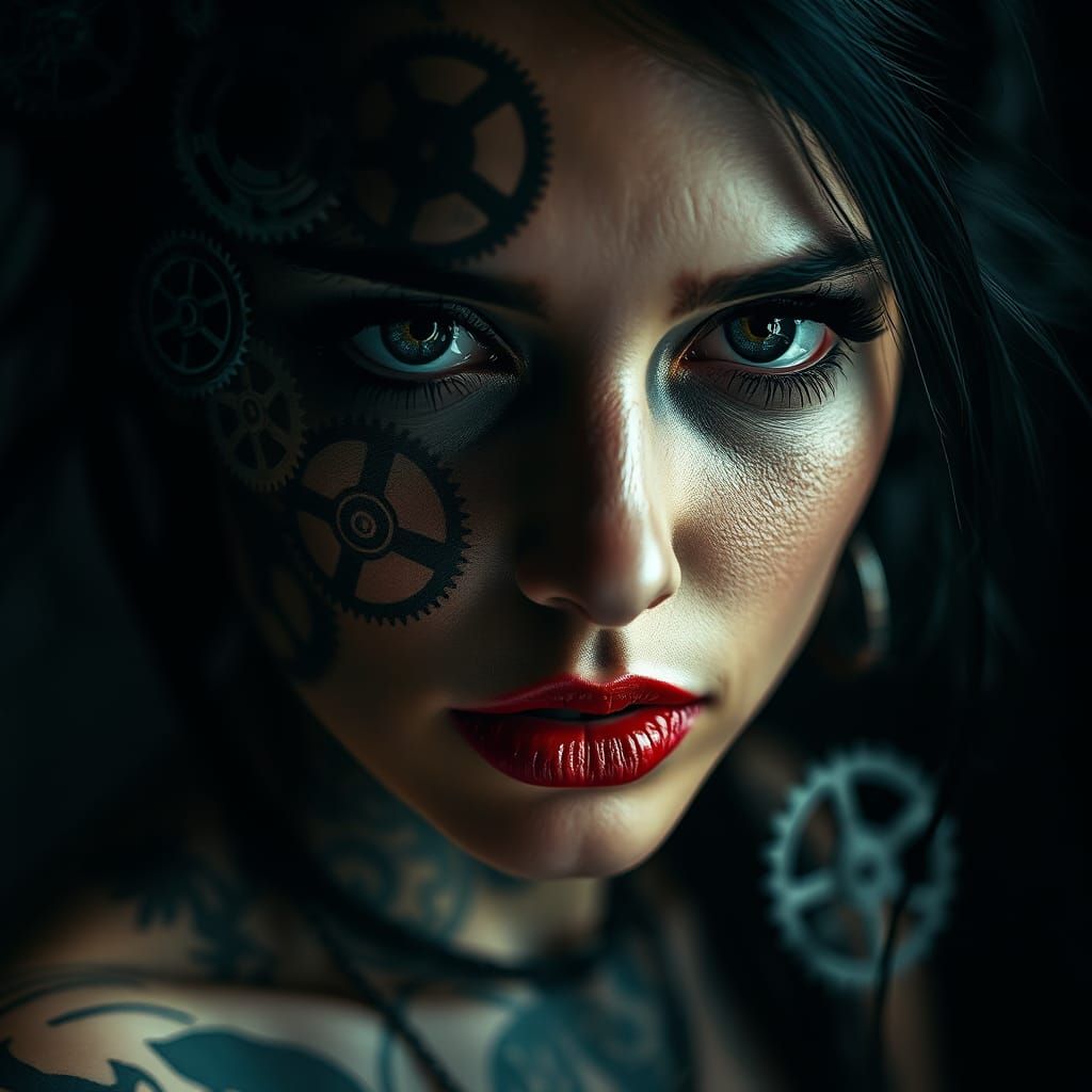 Goth Girl Double Exposure: Gears and Mysticism