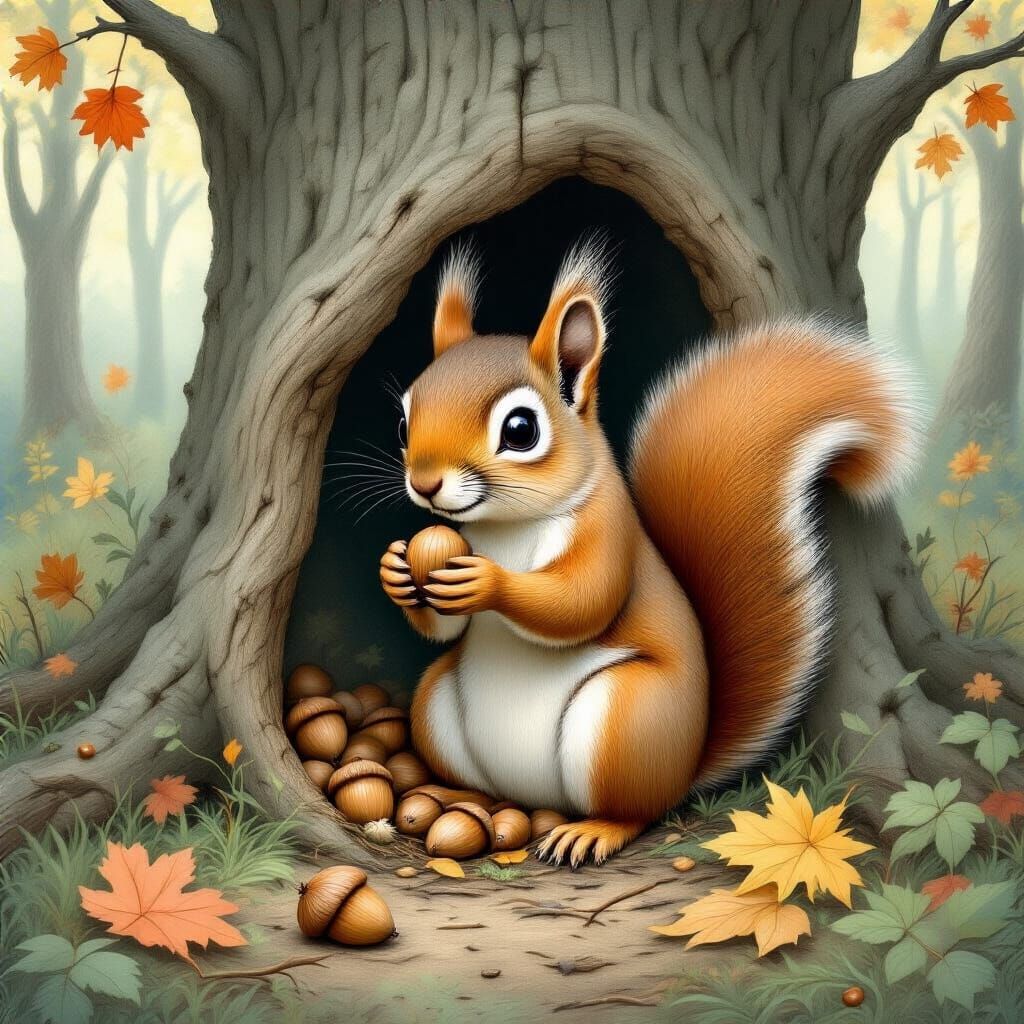 Mischievous Squirrel Hiding Acorns