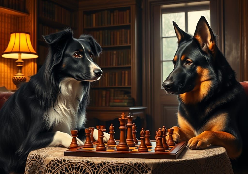 Dogs Playing Chess in Old Masters Style