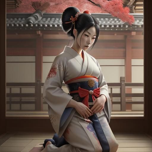 Geisha's Seppuku: Hyperdetailed Portrait in Traditional Sett...