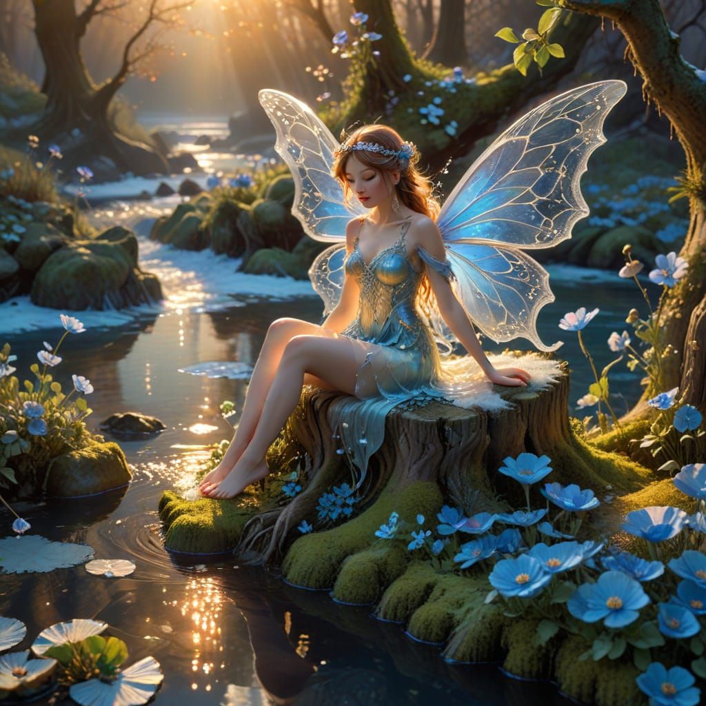 Fairy Resting by River at Sunset in Alphonse Mucha Style