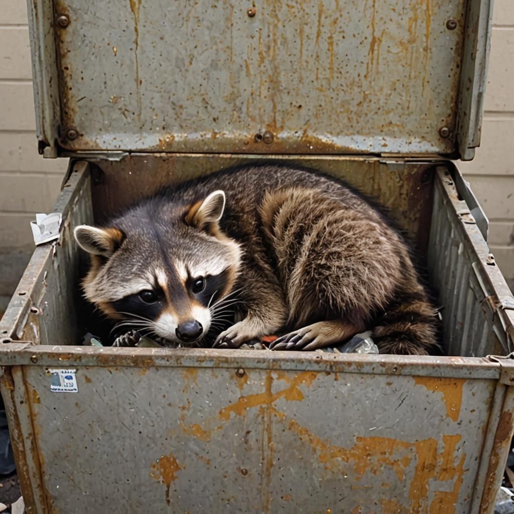 Raccoon Asleep in a Dumpster