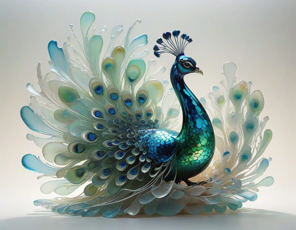 Sea Glass Peacock Sculpture on Shore