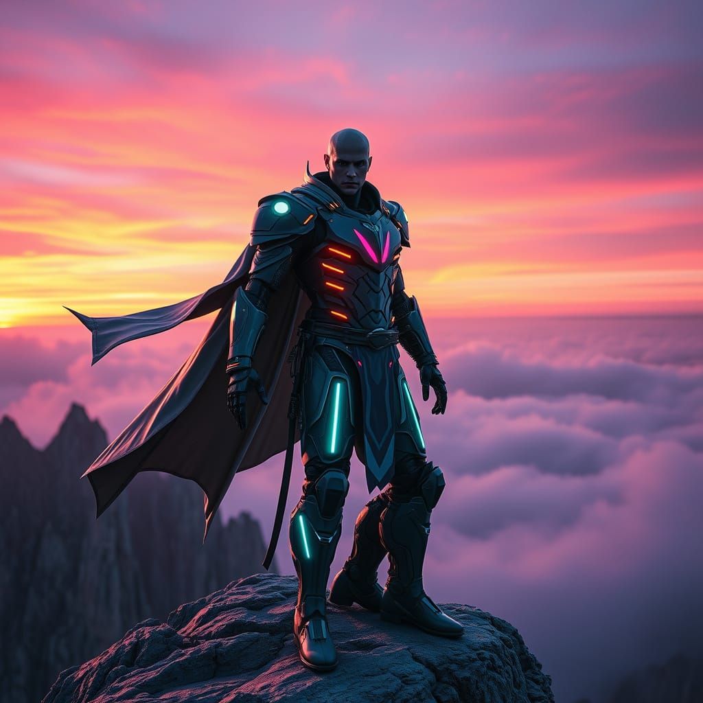 Futuristic Warrior on Cliff Edge at Dusk