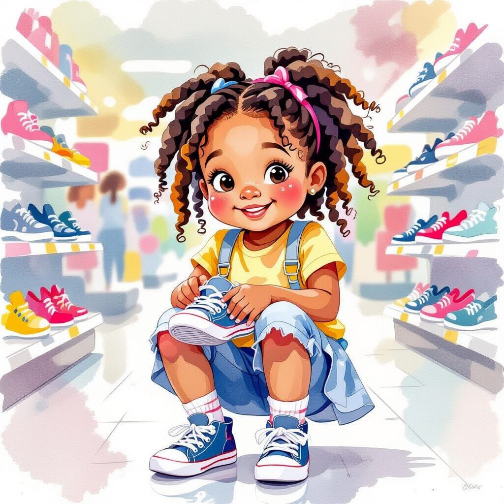 Joyful Girl Shopping for Shoes, Watercolor Style