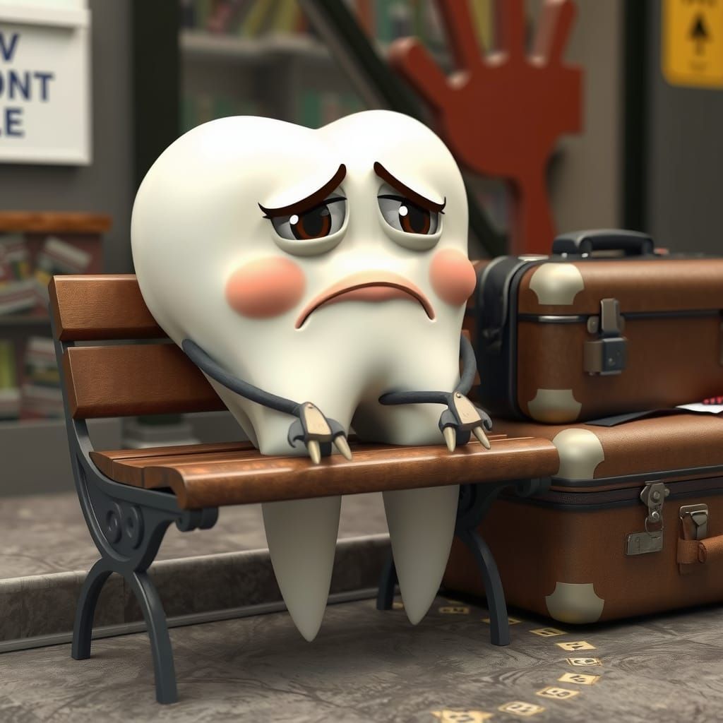 Sad Wisdom Tooth Packing Suitcases on Bench
