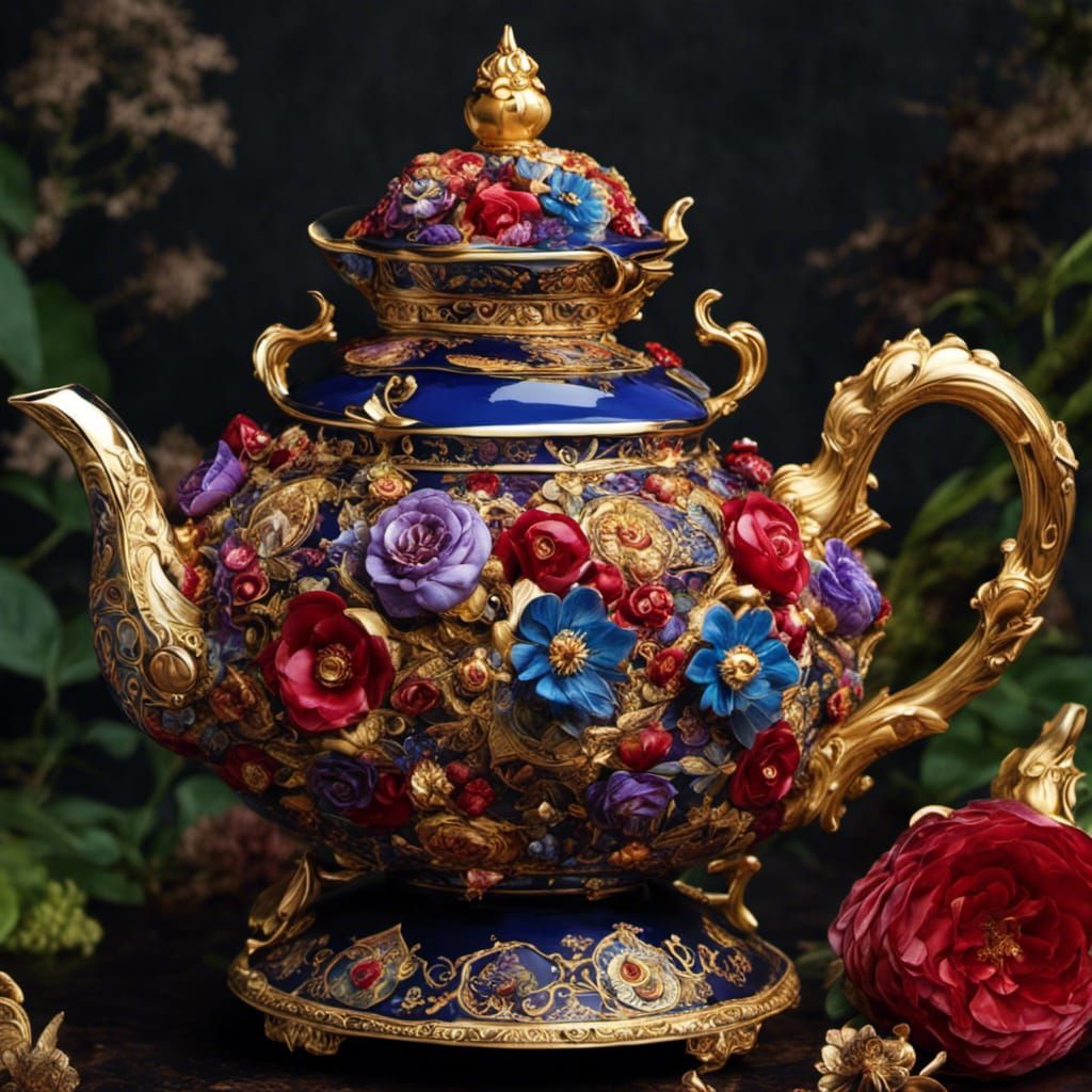 Gorgeous Flower-Embellished Teapot in Detailed Macabre Style