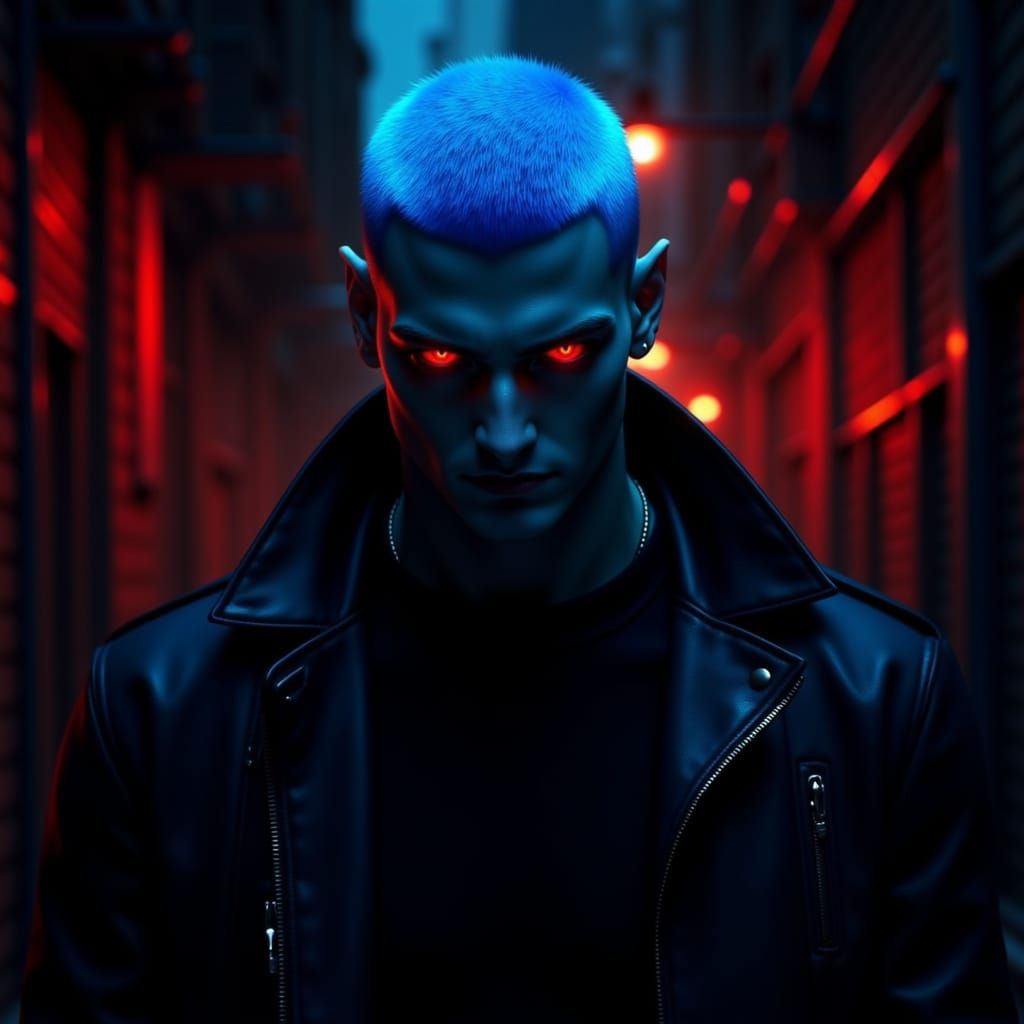 Electric Blue Haired Man with Ruby Eyes in Alley