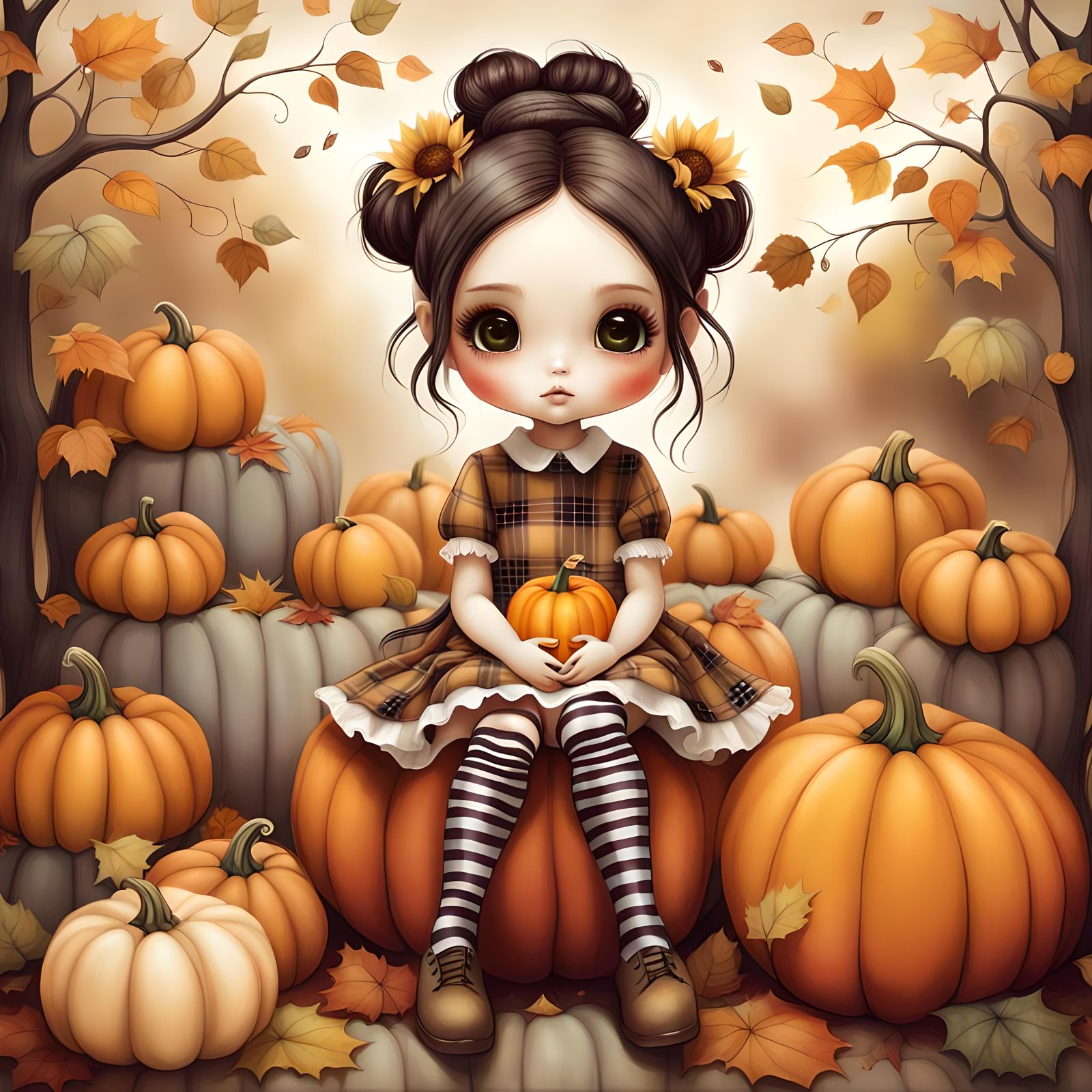 Girl on Pumpkin: Whimsical Digital Illustration