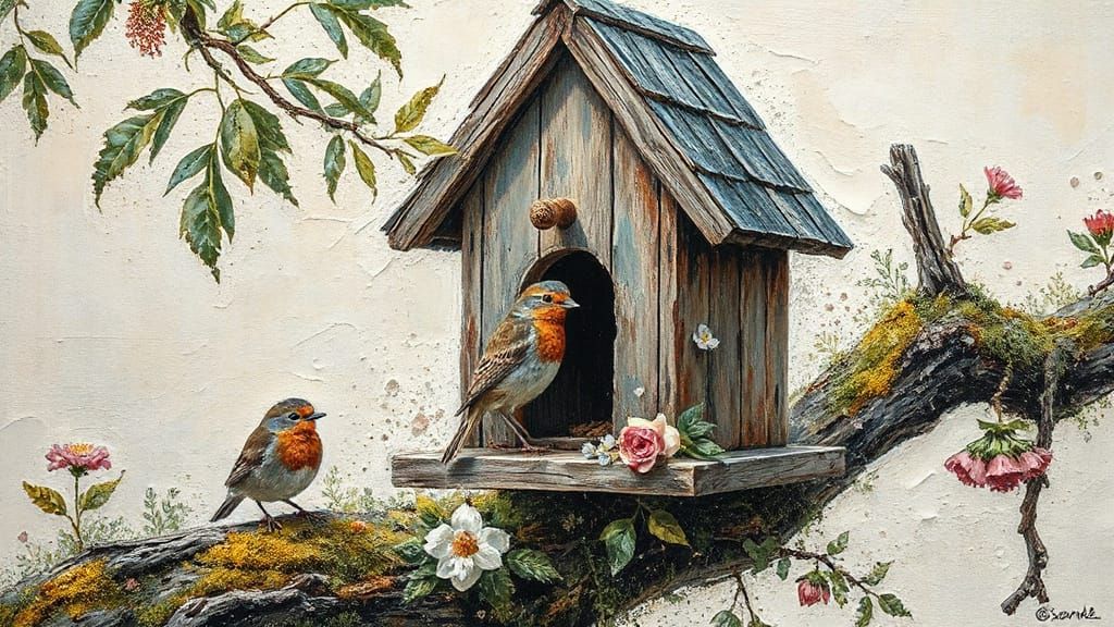 Birdhouse Illustration with Acrylic and Ink Textures