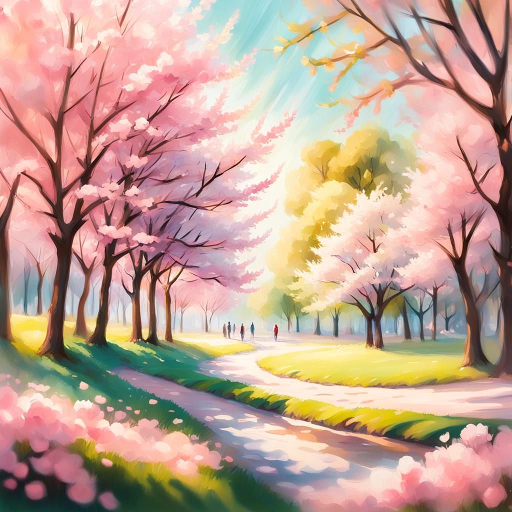 Cherry Blossom Park in Impressionist Style