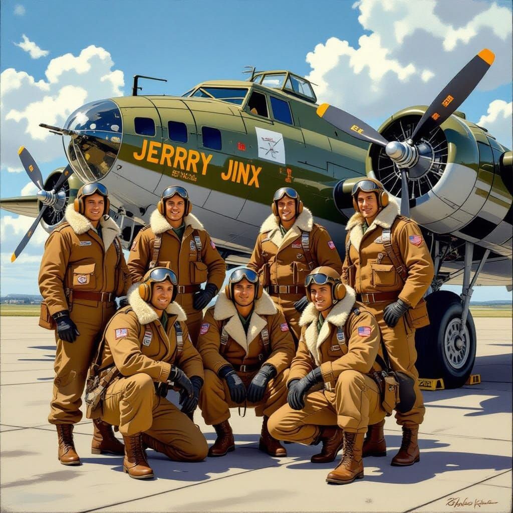 WWII B-17 Bomber Crew Poses in Front of Vintage Aircraft