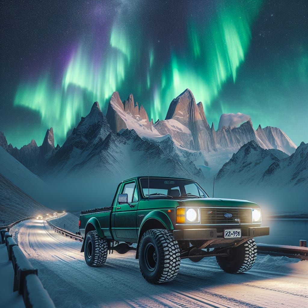 Green 1998 Ford Pickup on Snowy Mountain Road