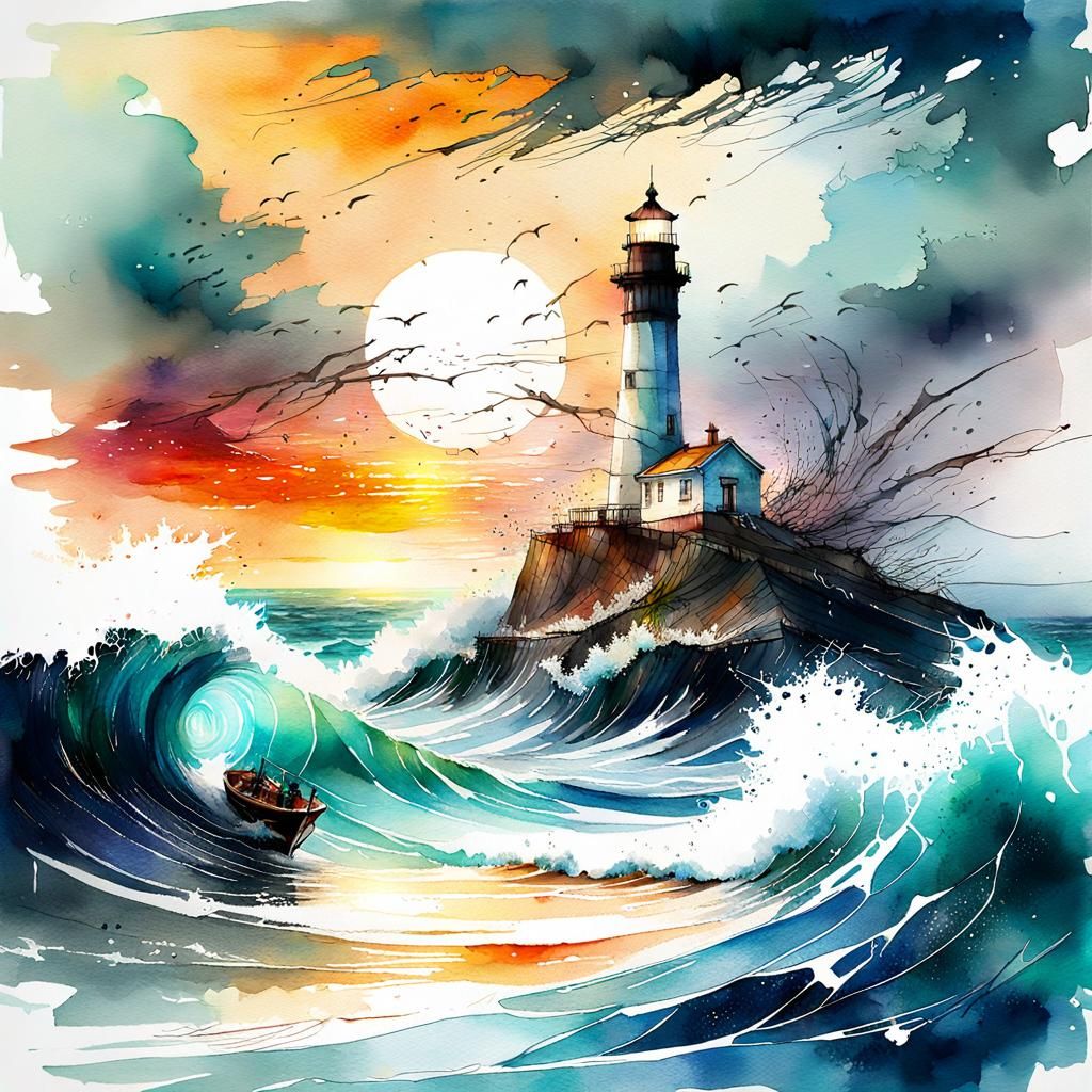 Violent Ocean Tempest Watercolor Illustration