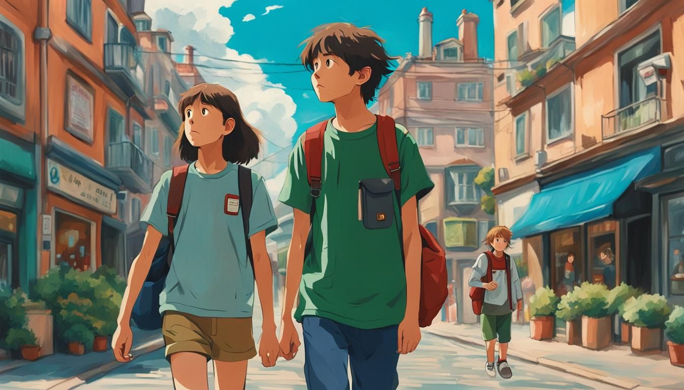 Ghibli Style Teenagers in Hyperrealistic Cityscape
