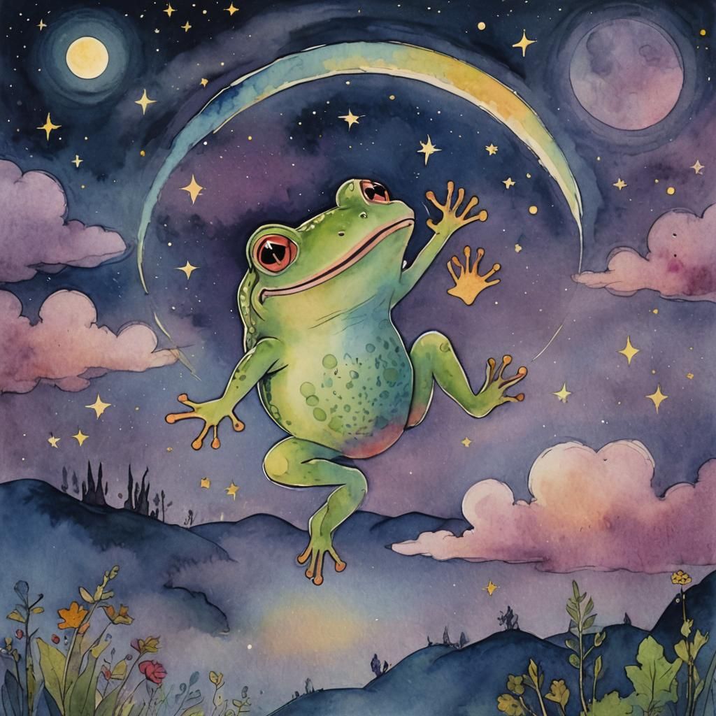 Whimsical Frog's Surreal Leap into Starry Sky