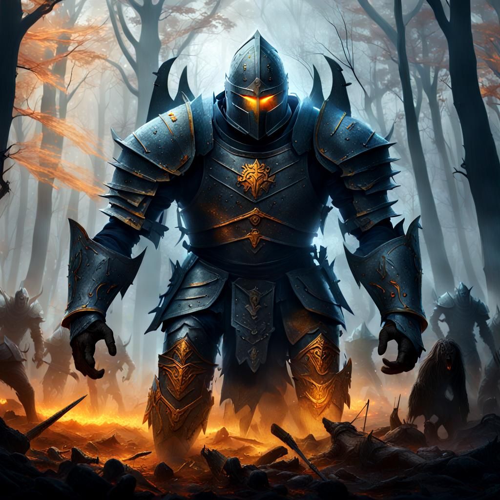 Knight Battles Monsters in Dark Fantasy Forest