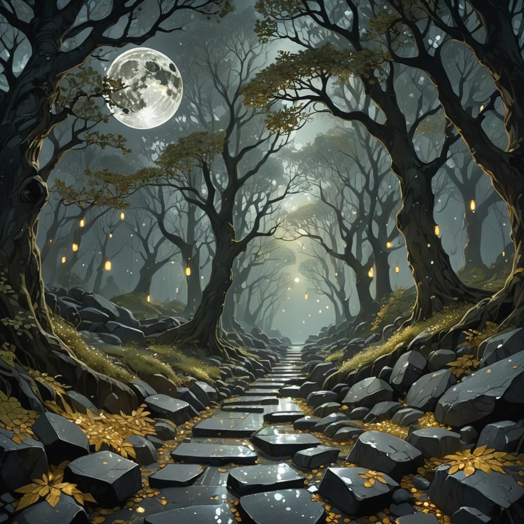 Mystical Crystal Path in Dark Fantasy Forest