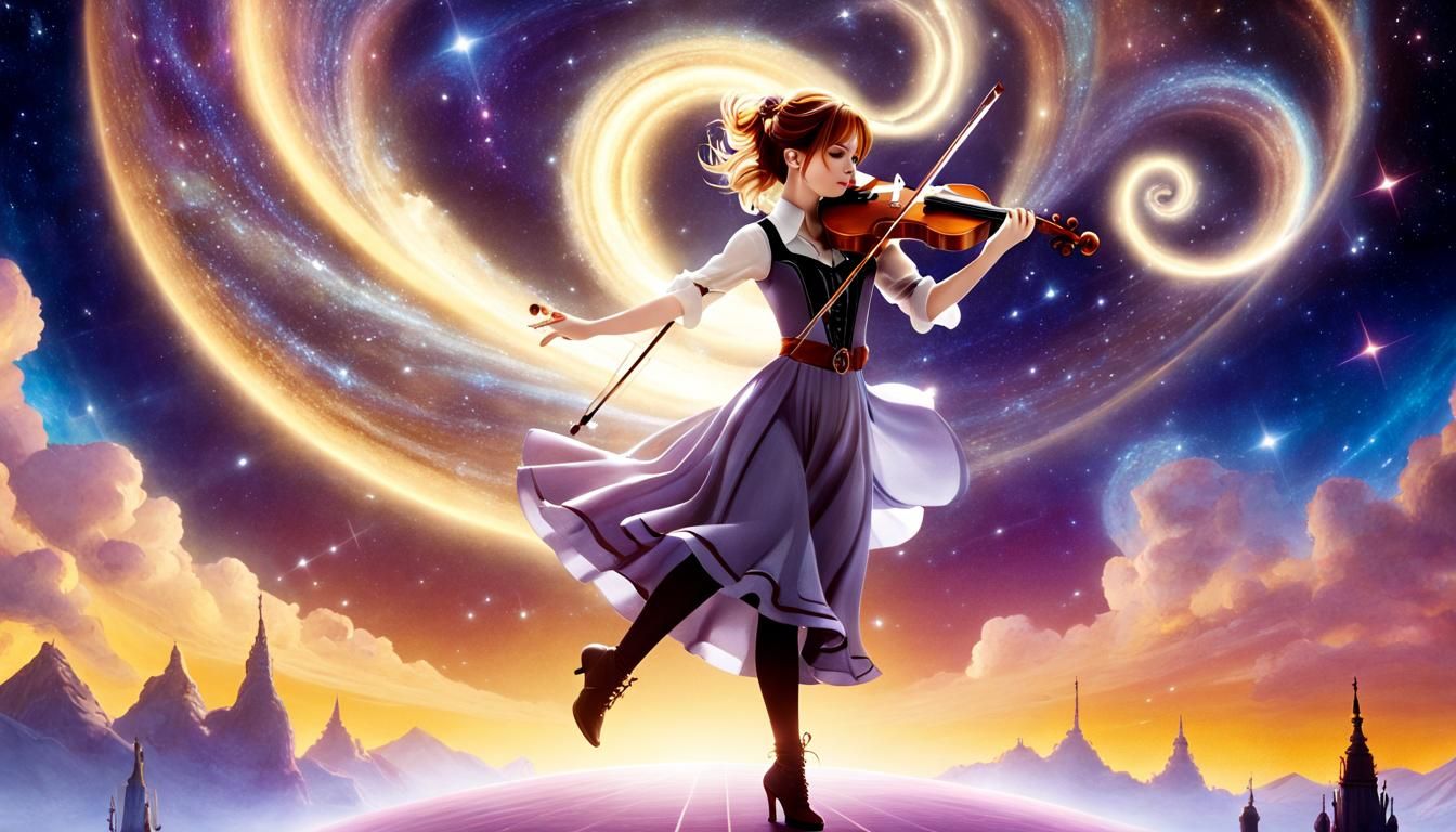 Cosmic Violin Dance: Holographic Astral Illustration