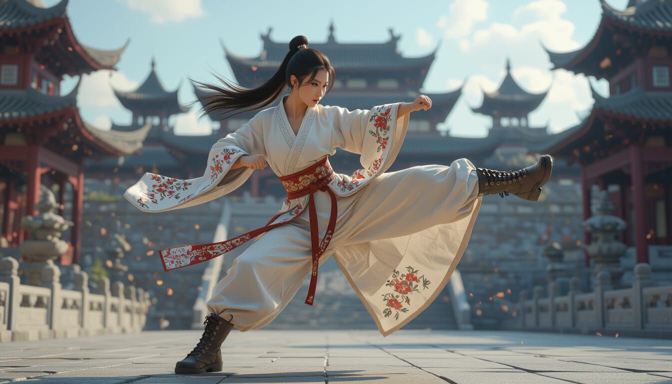 Martial Arts Woman in Ancient Castle: 3D Render