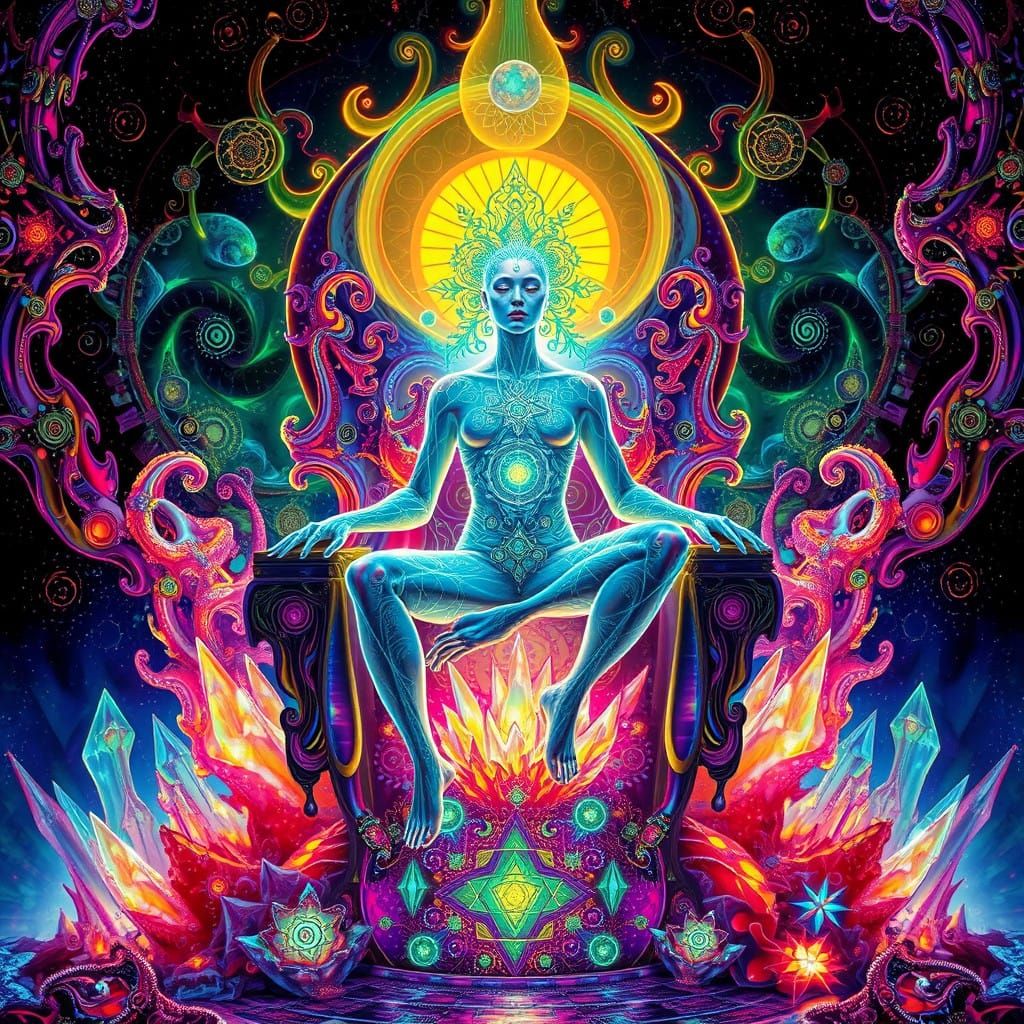 Mystical Being on Crystalline Throne in Surrealist Style