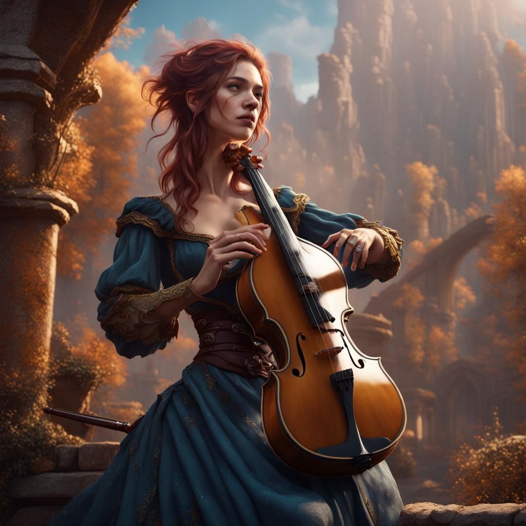 Fantastical Female Bard with Viol, Digital Art