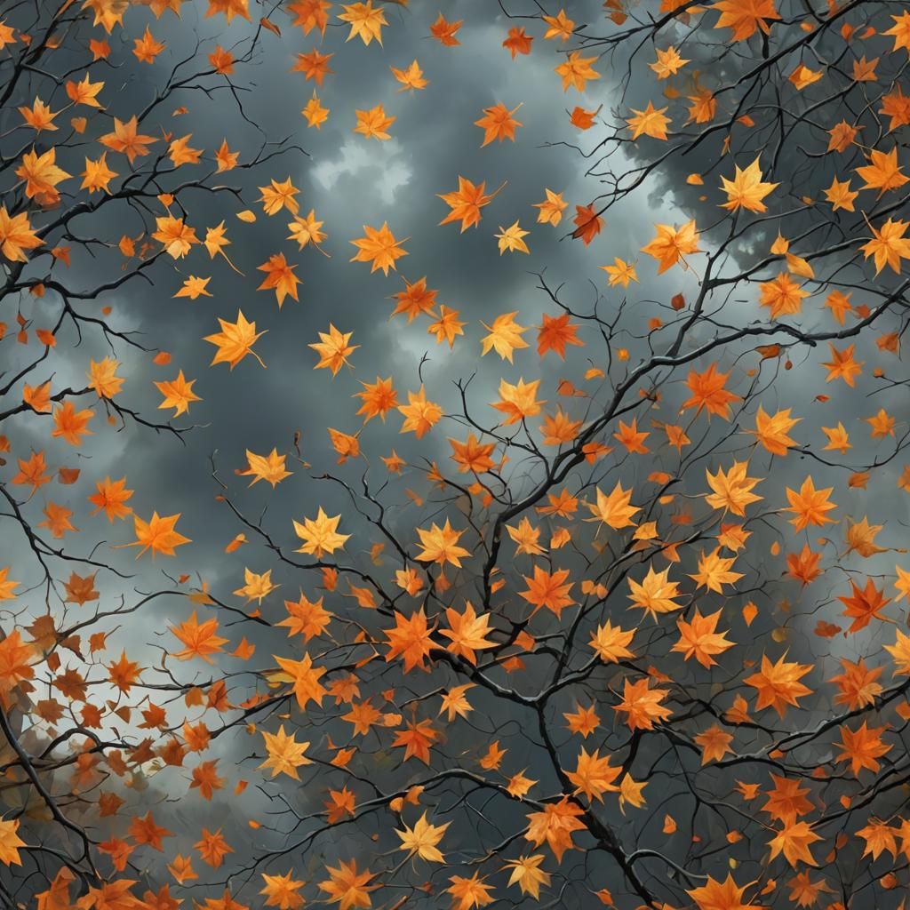 Autumn Leaves Whirling in a Windy Sky
