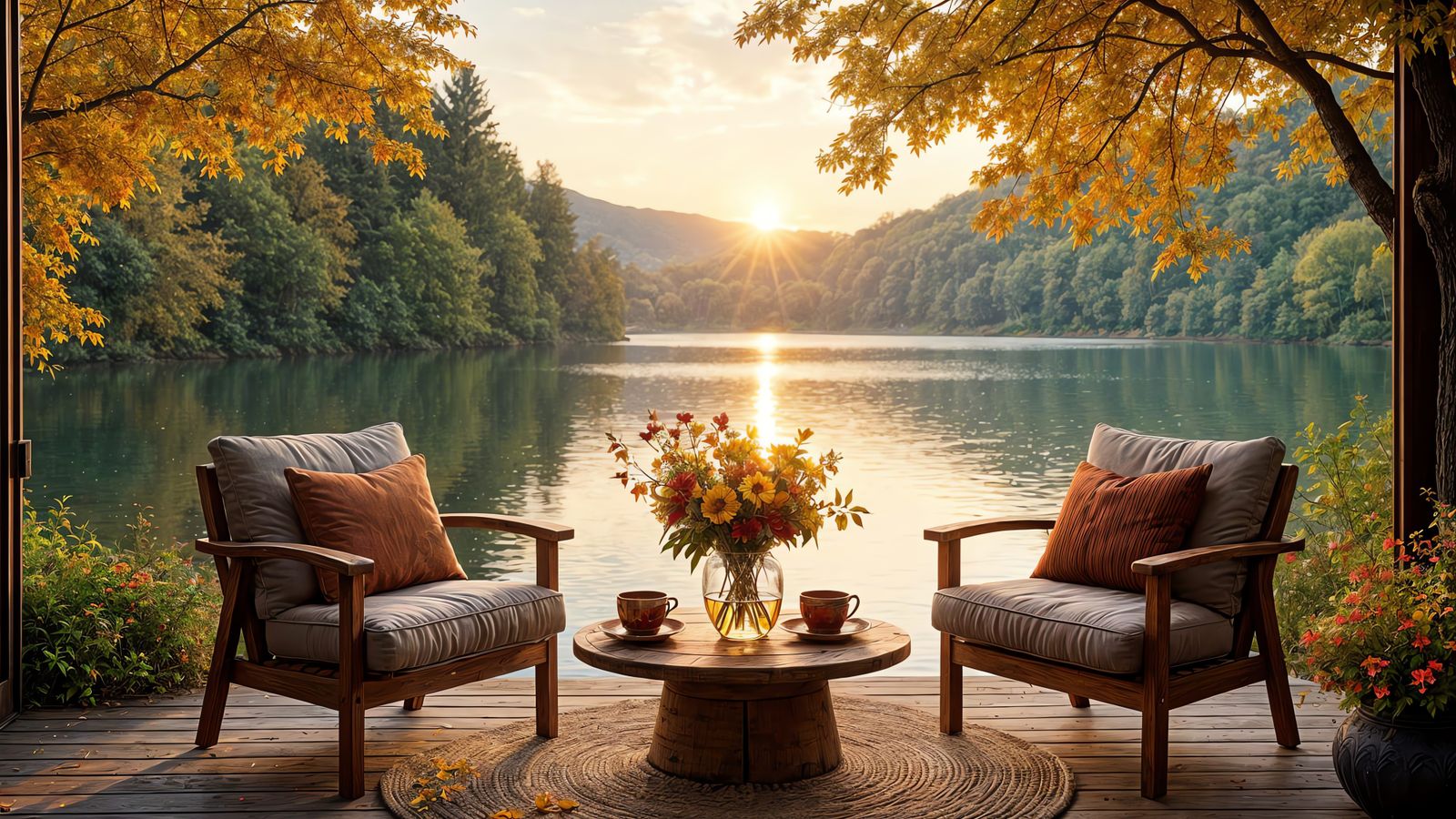 Cozy Autumn Lakeside Scene with Warm Fireplace and Tranquil...