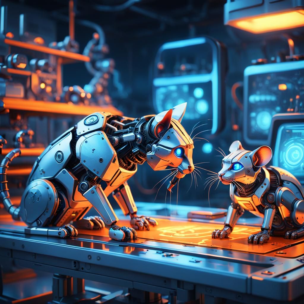 Surreal Robot Cat Conquers Glowing Lab Workbench