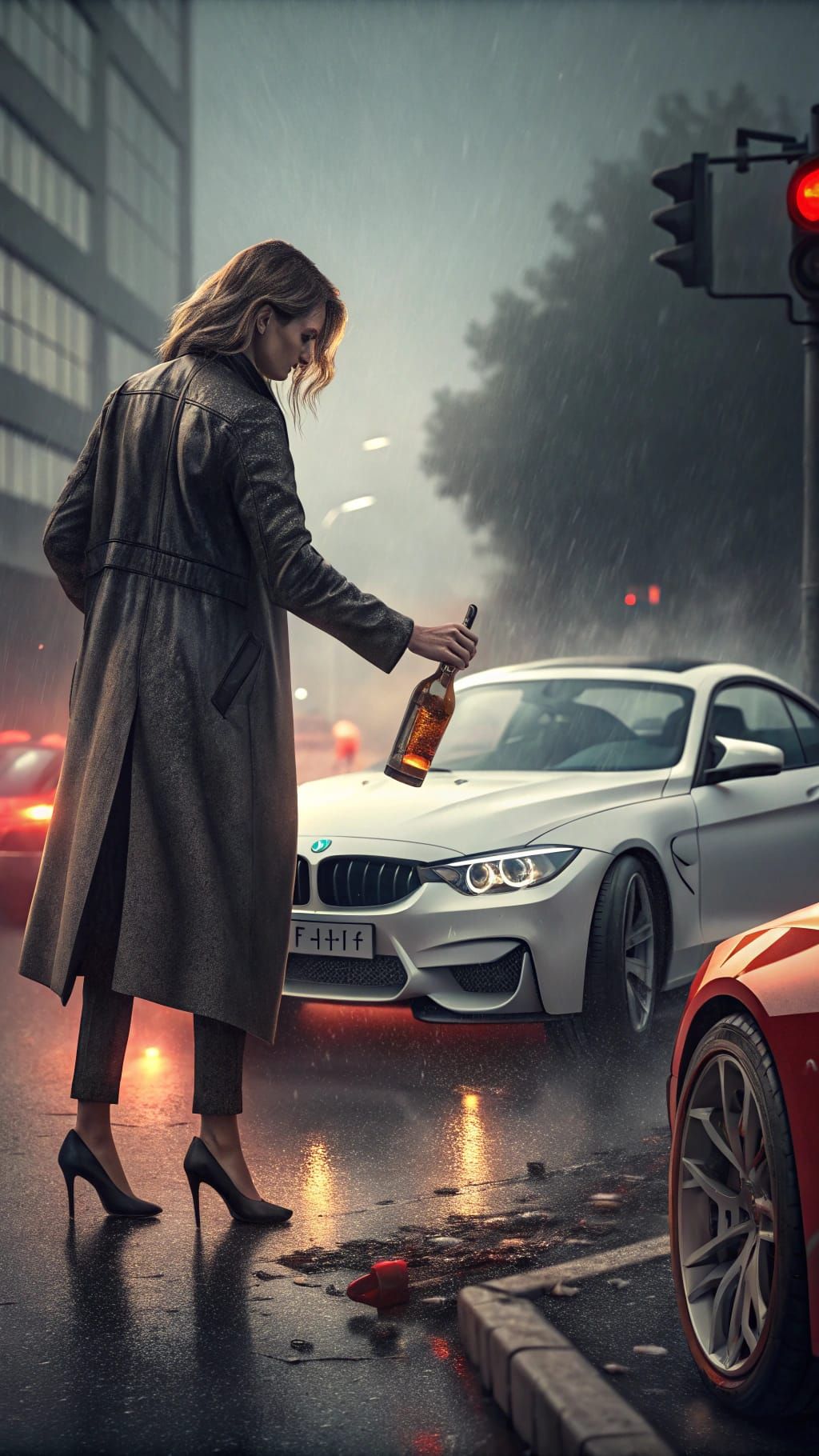 Elegant Woman Hands Bottle to Rugged Man Amidst Crash Scene ...