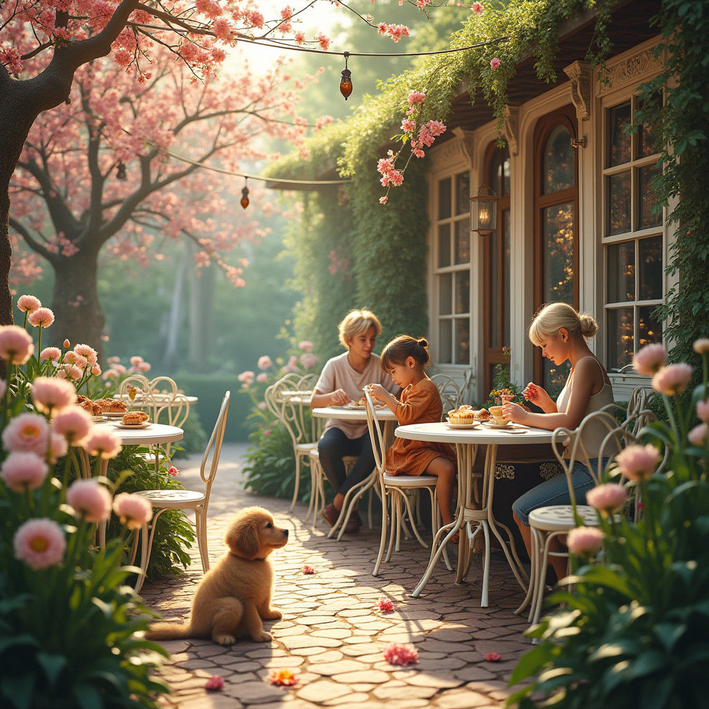 Whimsical Cafe Garden with Puppy in Art Nouveau Style