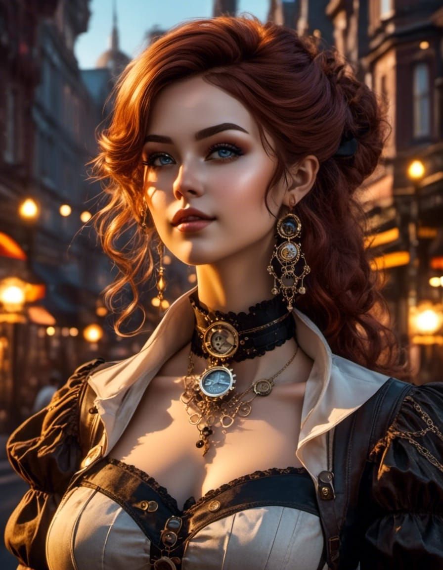 Sinister Steampunk Woman Portrait in Victorian Town