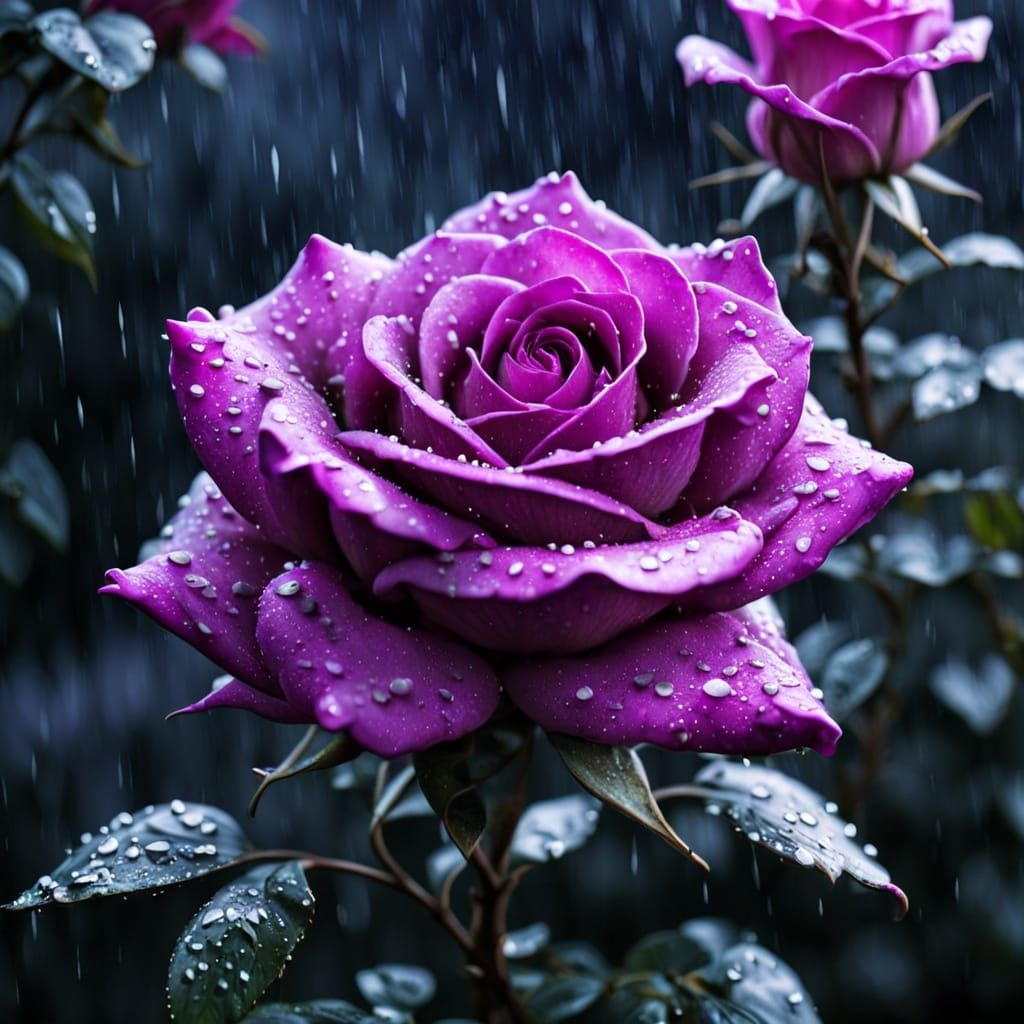 Illuminated Pink Rose in the Rain