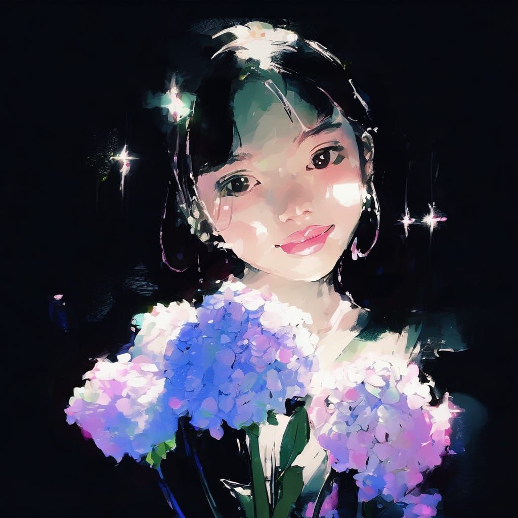 Impressionist Neko Girl with Flowers, Painterly Style