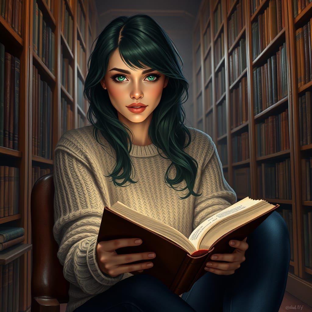 Woman Reading in Library, Hyperrealistic Portrait