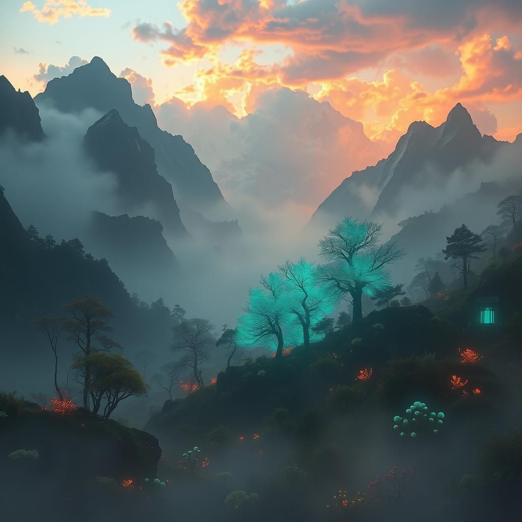 Ethereal Dreamscape with Glowing Trees, Digital Matte Painti...