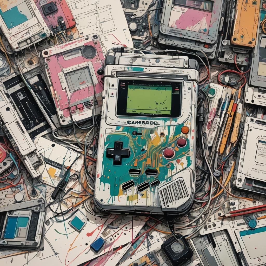 Gameboy Brush Pen Drawing with Watercolor Splash