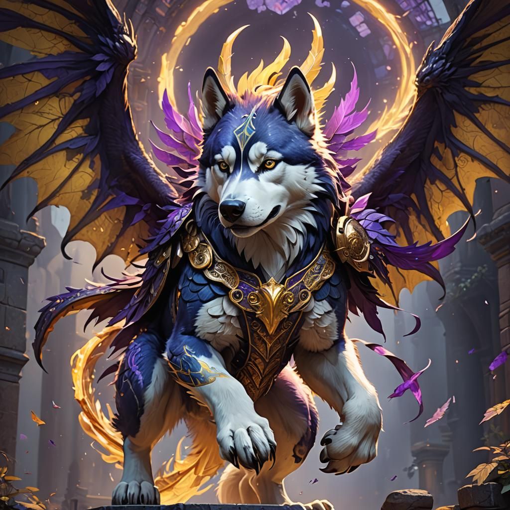 Majestic Dragon-Winged Husky: A Dark Fantasy Concept