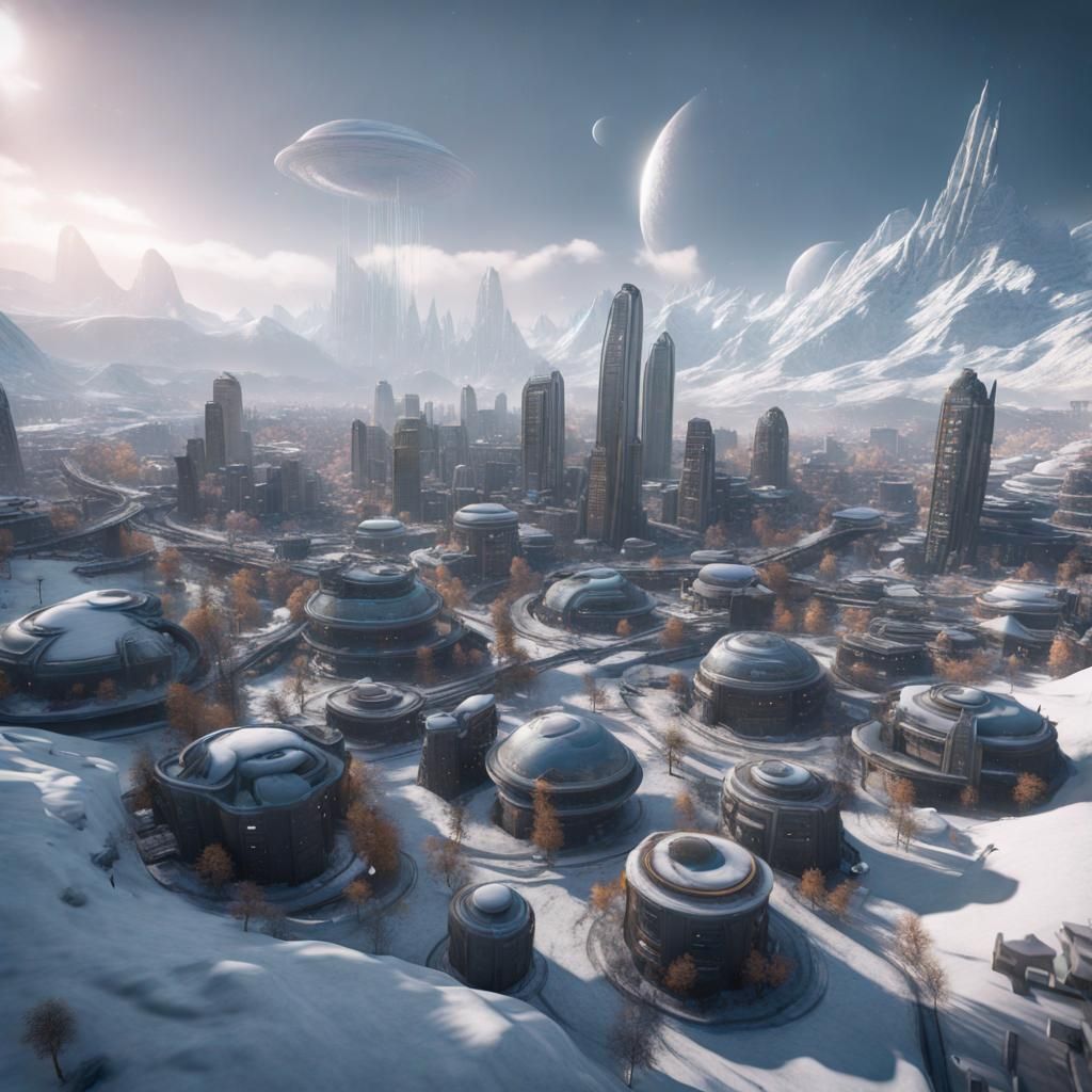 Photorealistic Alien City Split by Climate in 8K