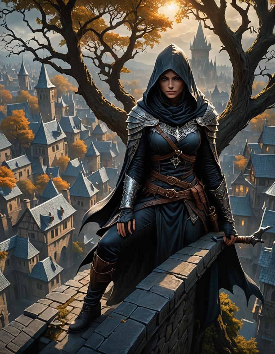 Medieval Rooftop Assassin in Fantasy Art Style