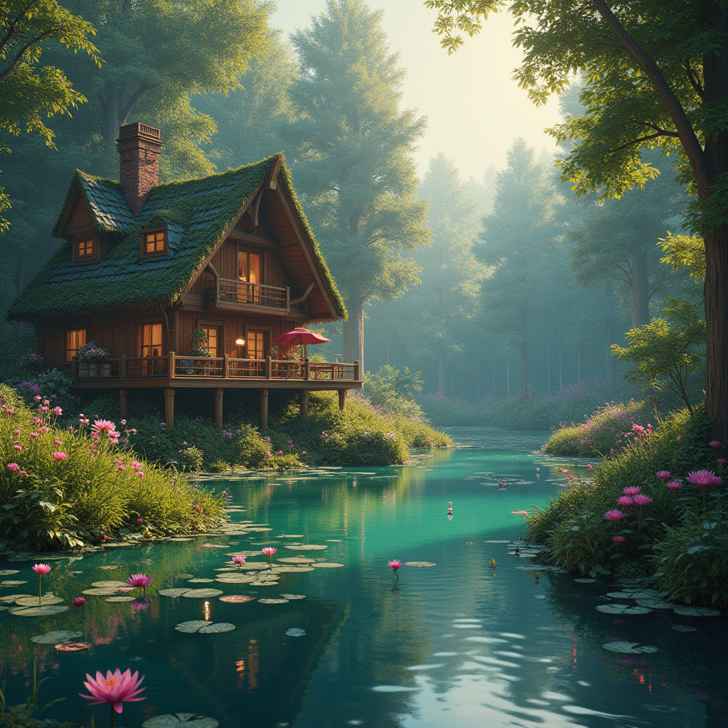 Fantasy Beaver Lodge in Mystical Forest, Matte Painting