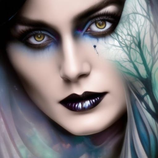 Creepy Old Woman in Spooky Forest: Acid Dye Ink Style