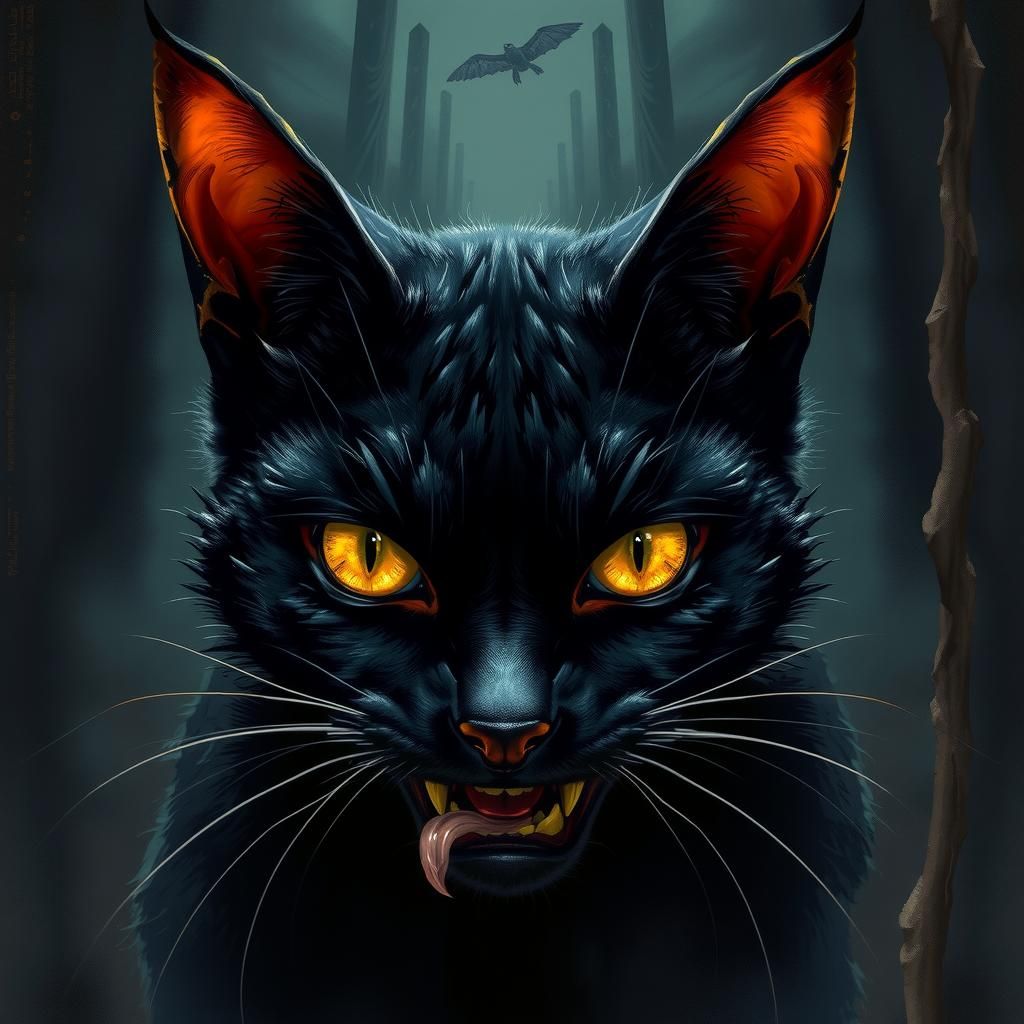 Menacing Black Cat with Yellow Eyes in Surrealist Style