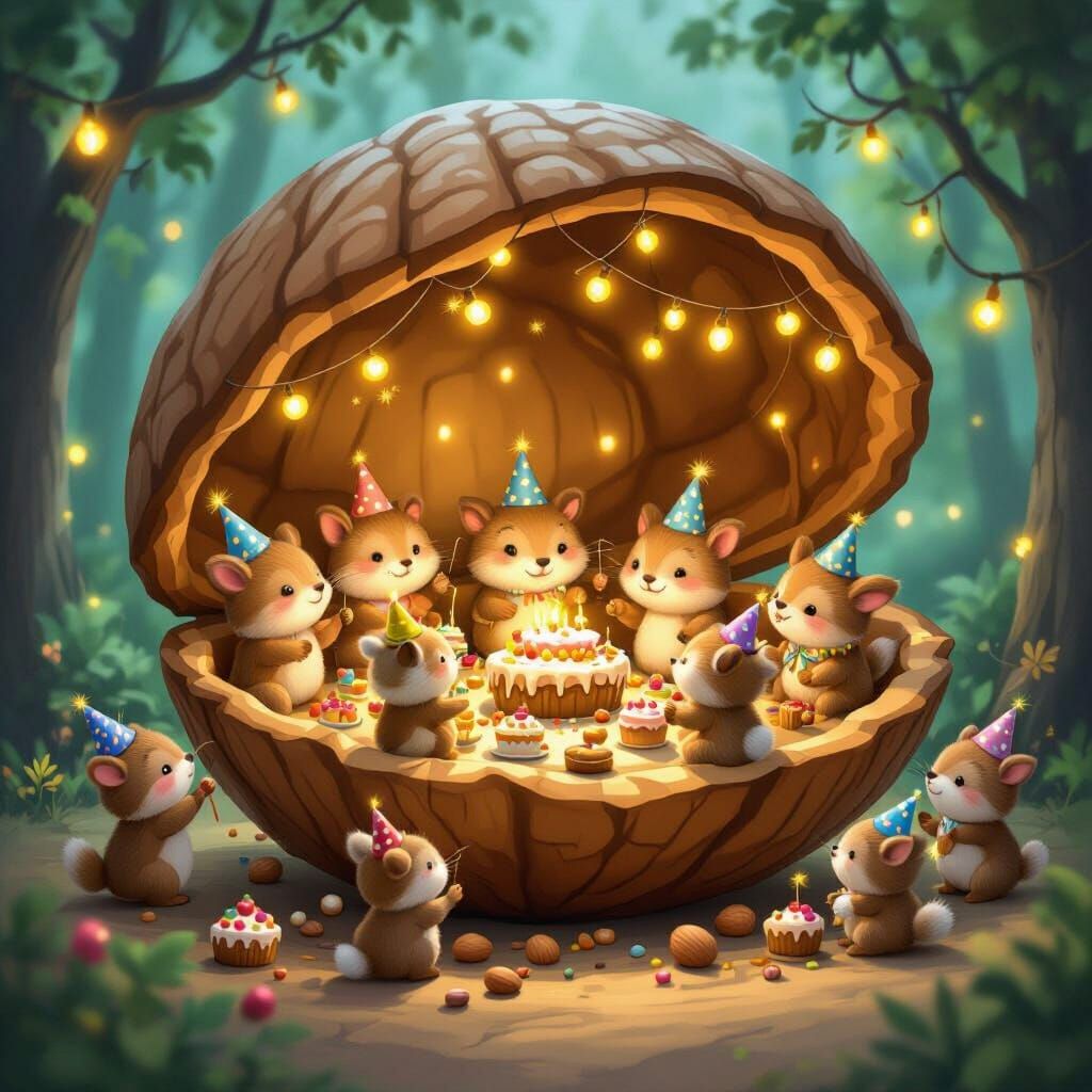 Woodland Creatures Celebrate Inside Giant Walnut Shell