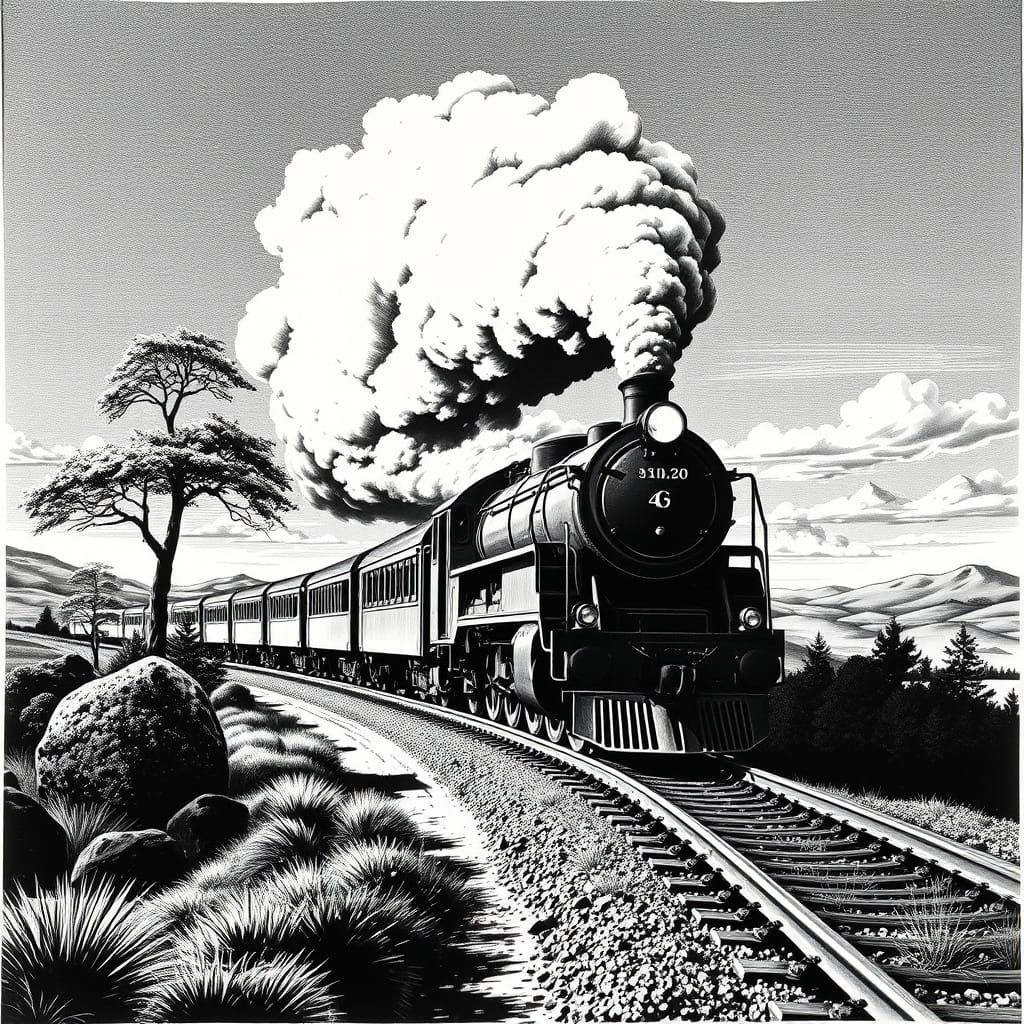 Vintage Steam Train in Scenic Linocut Print