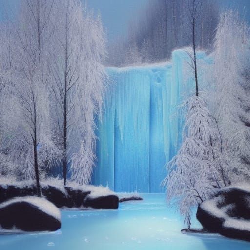 Glowing Trees Surround Frozen Waterfall: Oil Painting